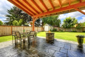 Backyard patio covered by pergola